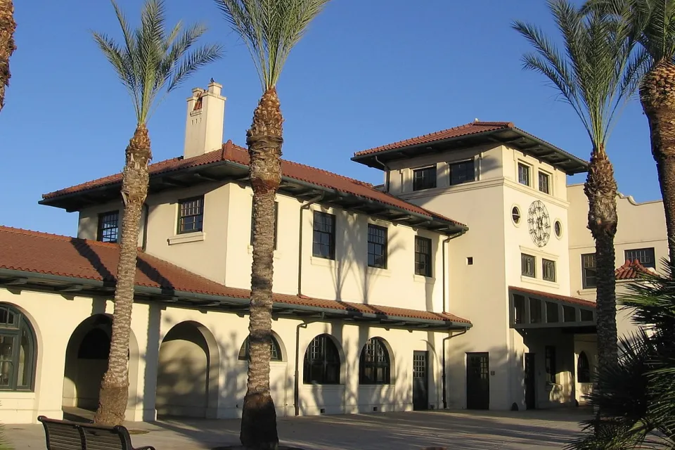 Historic red tile roofed train depot in Fresno, California.